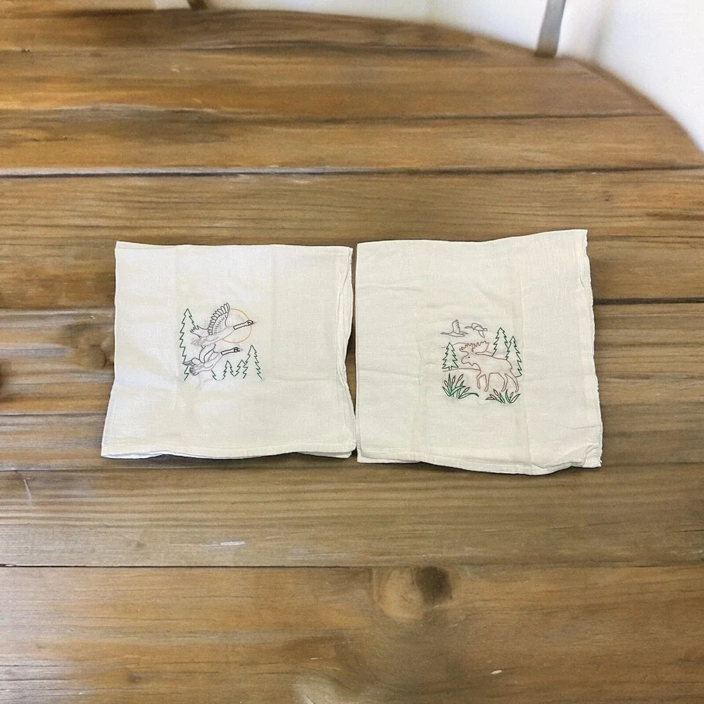Lot Of 2 Hand Embrodered Cheese Cloth Towels With Deer & Geese Scene